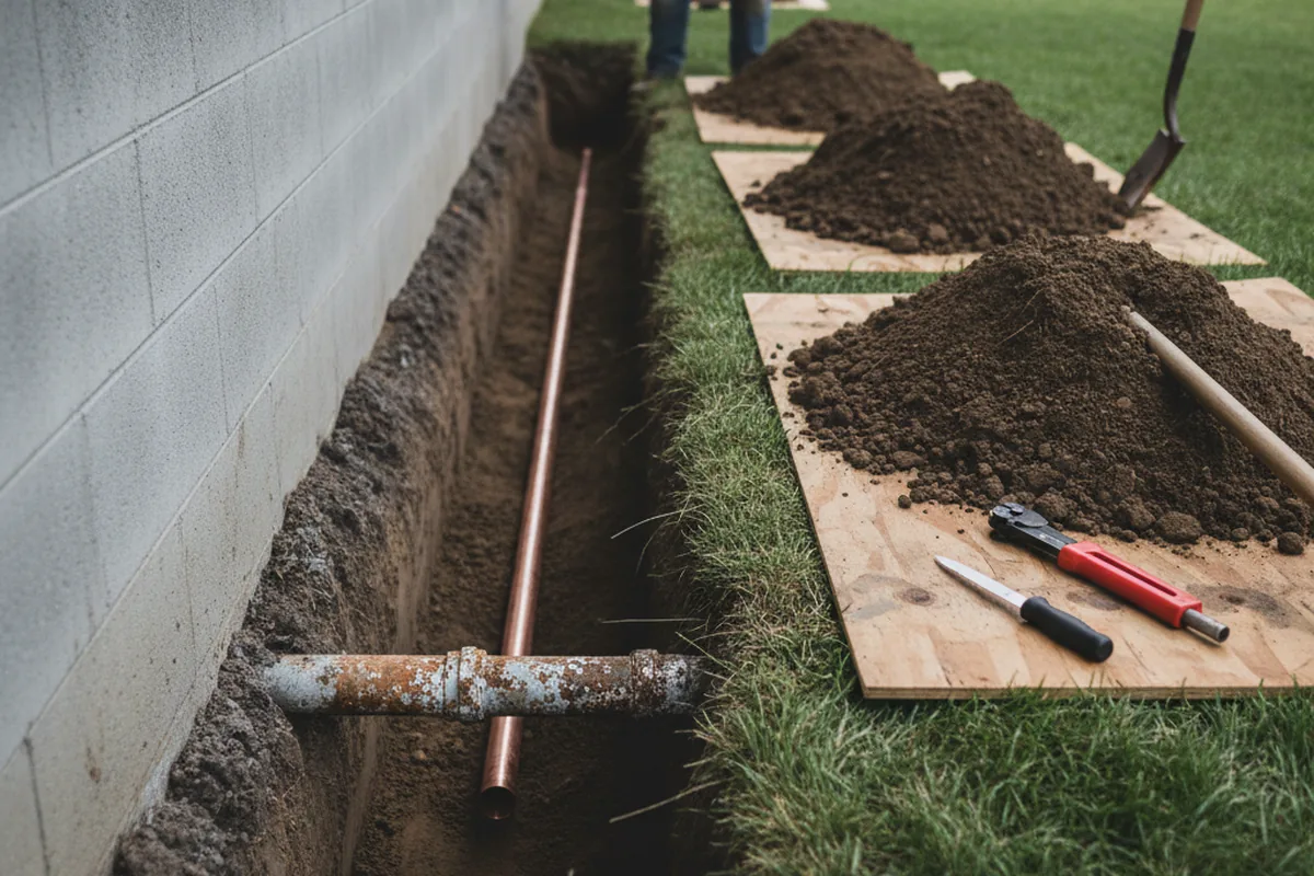 Excavated water line trench during Water Softener Installation in Pine Island